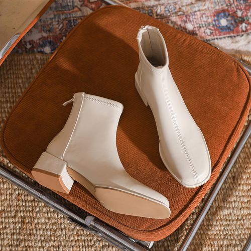 真皮版~法式中跟纯色防滑套筒马丁靴时尚加绒白色女靴时装瘦瘦靴主图