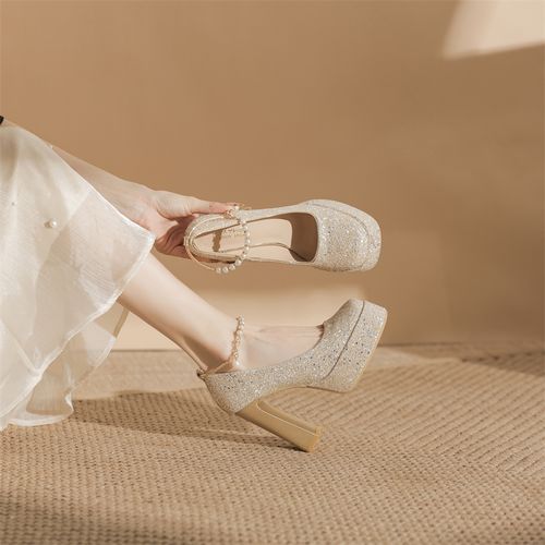 2026春季新款高跟鞋香槟色闪亮细粉钻水晶婚鞋气质时尚宴会伴娘鞋主图