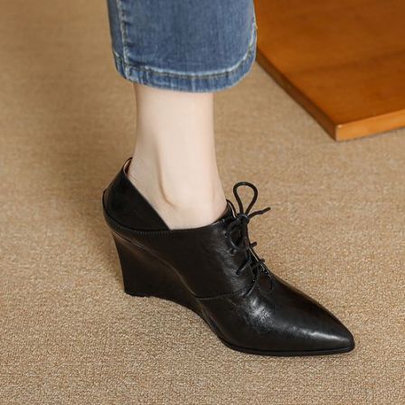 9cm复古系带尖头单鞋女春秋牛皮深口坡跟鞋两穿百搭真皮高跟鞋