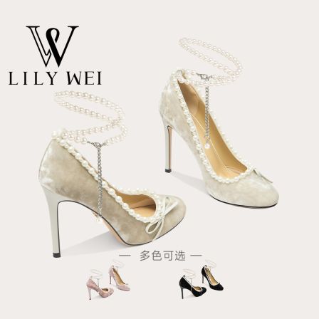 【浪漫主义】名媛风珍珠链时尚高跟鞋圆头小众单鞋大码41