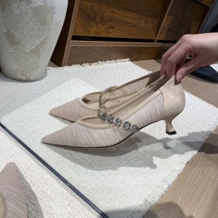 【3cm】Y26K5329网纱透气一字带高跟鞋细跟尖头低跟单鞋