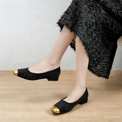 方头浅口粗跟单鞋女2026新款法式低跟软底气质黑色绒面工作通勤鞋主图