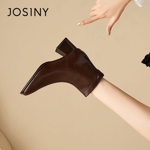 卓诗尼黑色方头粗跟短靴女2026秋冬新款百搭气质时装靴高跟短靴女主图