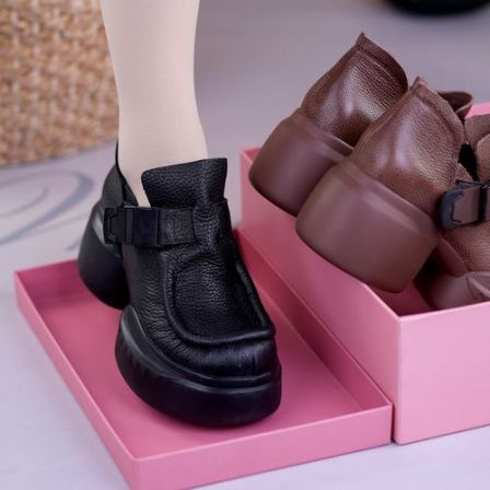 春夏秋新款真皮厚底单鞋女纯牛皮松糕一体跟圆头皮带扣深口小皮鞋