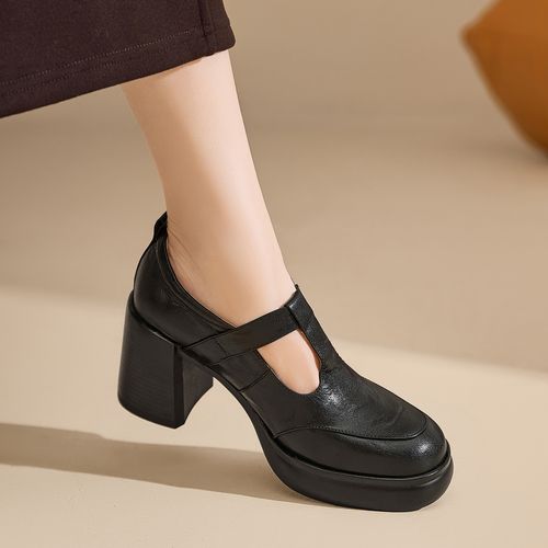 复古英伦风小皮鞋真皮7.5cm厚底粗跟圆头丁字带玛丽珍浅口高跟鞋主图