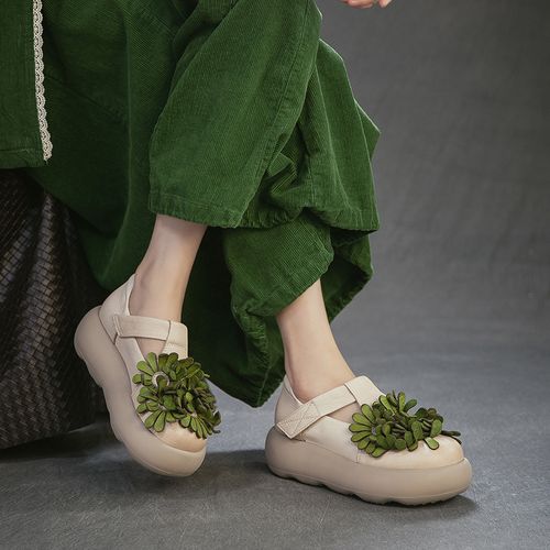 5001-25春季新款复古民族风手工花朵头层牛皮厚底百搭休闲女单鞋主图