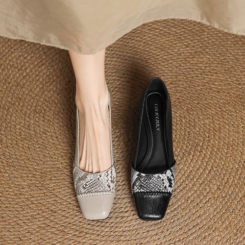 软羊皮~3cm春秋新款浅口真皮单鞋软底拼接蛇纹百搭法式奶奶鞋低跟主图