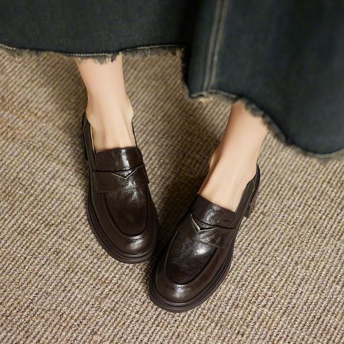 34-40码|5cm粗跟|黑/棕|陈摸鱼圆头复古一脚蹬通勤简约单鞋乐福鞋主图
