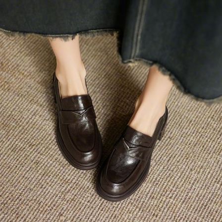 34-40码|5cm粗跟|黑/棕|陈摸鱼圆头复古一脚蹬通勤简约单鞋乐福鞋