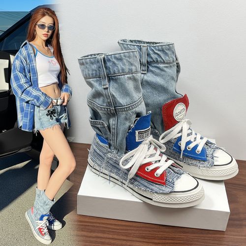 高帮板鞋女款2026新款春季平底牛仔女鞋休闲设计师款鸳鸯鞋子女潮主图