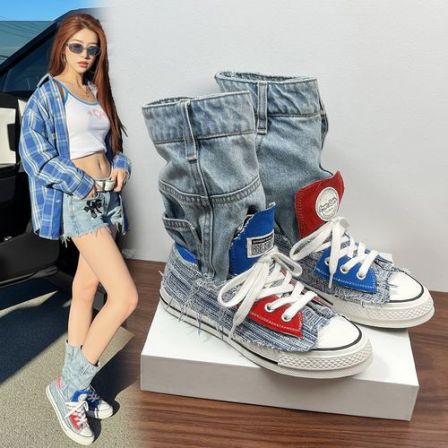 高帮板鞋女款2026新款春季平底牛仔女鞋休闲设计师款鸳鸯鞋子女潮