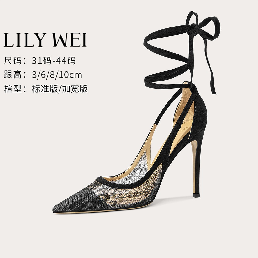 Lily Wei【嫣然】黑色蕾丝绑带高跟鞋性感御姐春夏单鞋大码414243主图