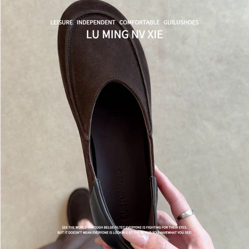 羊皮版~新款韩系小众圆头平底女乐福鞋春秋通勤百搭主图