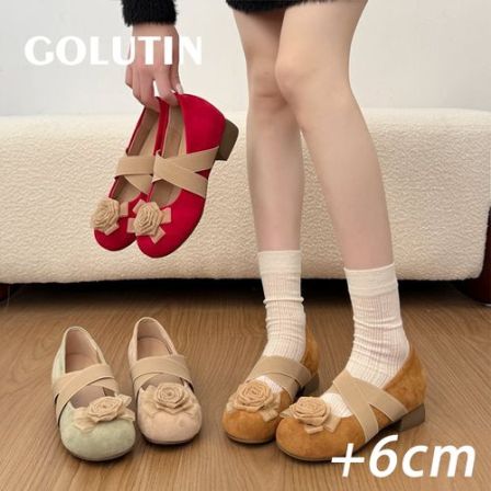 「Golutin古璐汀」内增高6cm玛丽珍鞋百搭交叉带舒适软底芭蕾舞单鞋