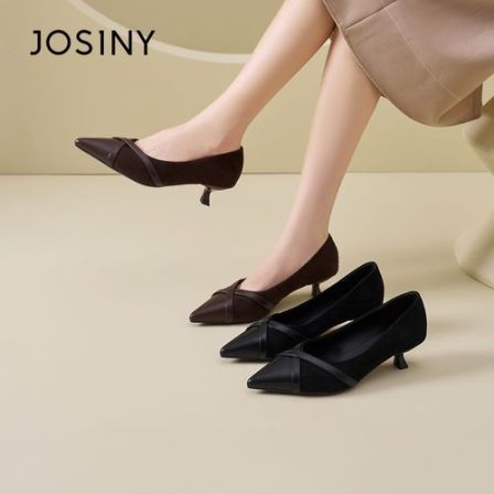 卓诗尼2026尖头薄款磨砂皮透气春季单鞋时尚百搭中跟气质单鞋