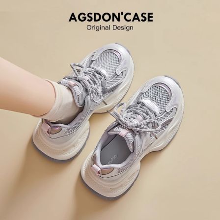 奥古狮登银色老爹鞋女2026新款春季透气运动网面百搭厚底休闲女鞋