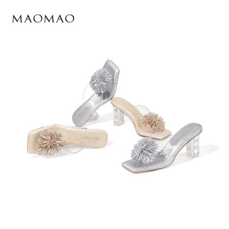 【跟高7CM】2026夏季新款方头粗跟高跟一字带拖鞋百搭凉鞋漏趾女