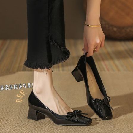 方头方根高跟鞋复古低跟春秋尖头广州真皮高跟女鞋法式单鞋5.5CM