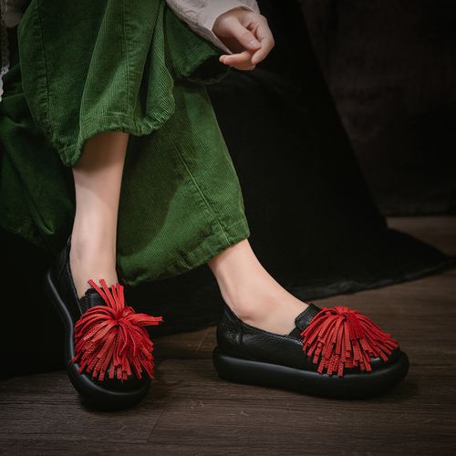 5001-23春季新款复古民族风流苏头层牛皮轻便百搭休闲女防滑单鞋主图