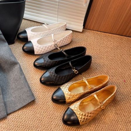 【意大利真皮大底】法式金色玛丽珍浅口菱形格小香风一字扣平底鞋女