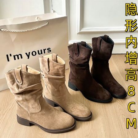 2026新内增高8cm堆堆靴子时尚美拉德西部牛仔短短中筒马丁靴复古