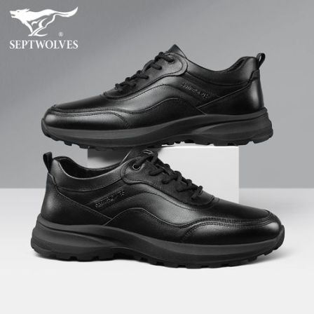 七匹狼男鞋春季正品真皮运动休闲鞋头层牛皮黑色厚底百搭休闲皮鞋