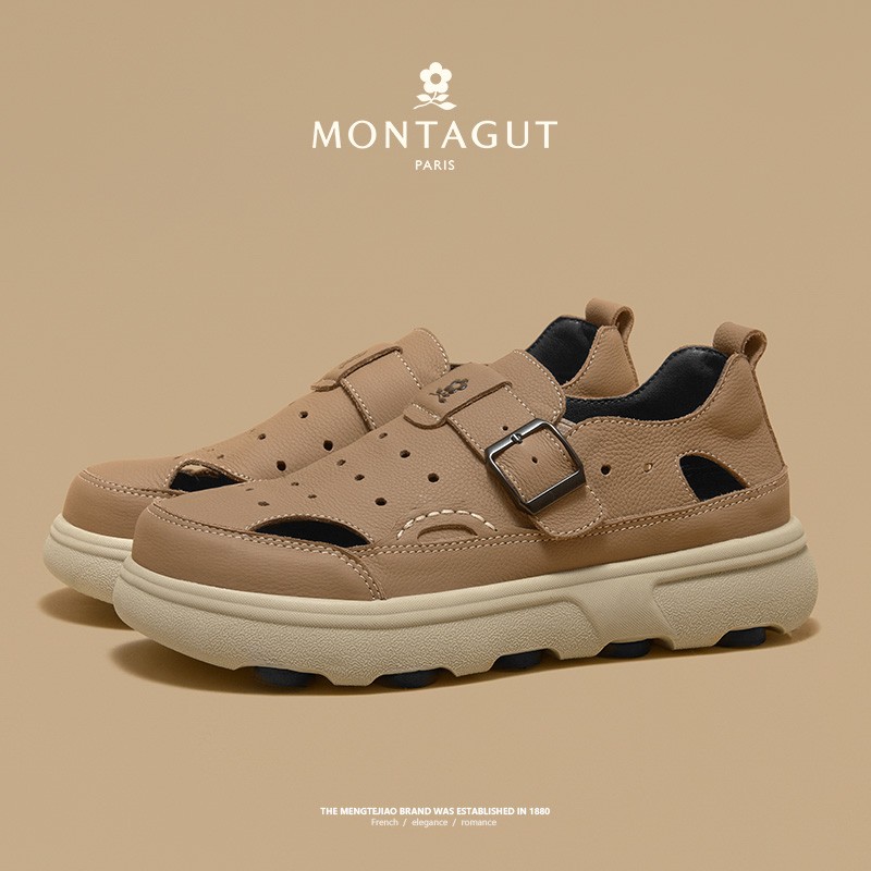 梦特娇新款头层牛皮时尚休闲镂空清爽透气软底减震防滑男士凉鞋主图