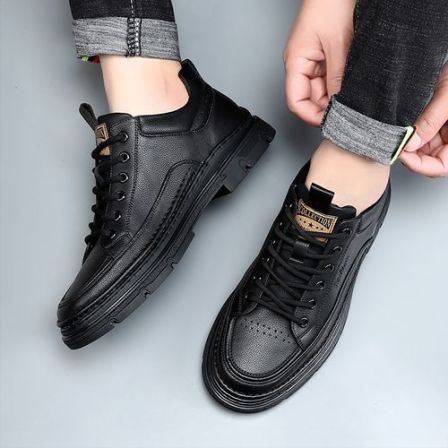 2026春季新款系带软底休闲皮鞋男款青年内增高黑色潮流百搭男鞋子