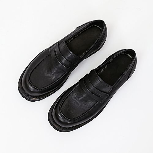 MATELAVES 复古植鞣真皮乐福鞋男一脚蹬圆头厚底黑色通勤德比鞋主图