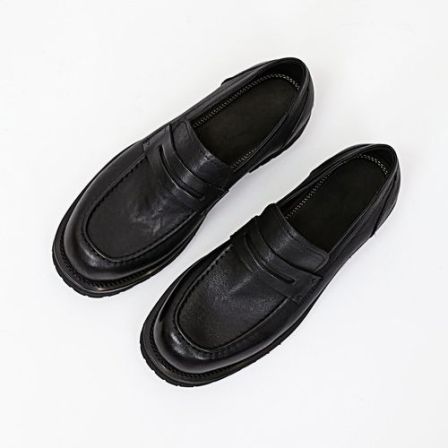 MATELAVES 复古植鞣真皮乐福鞋男一脚蹬圆头厚底黑色通勤德比鞋