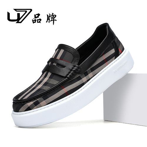 U7品牌男鞋 透气布 时尚百搭一脚蹬轻便懒人潮流格纹厚底休闲布鞋主图