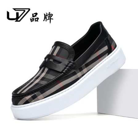 U7品牌男鞋 透气布 时尚百搭一脚蹬轻便懒人潮流格纹厚底休闲布鞋