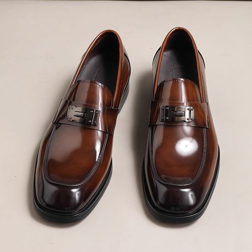 商务方头休闲皮鞋男士英伦一脚蹬乐福鞋真皮手工高档正装鞋子男款主图