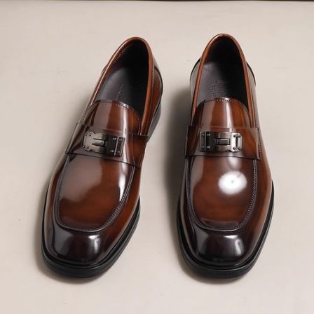 商务方头休闲皮鞋男士英伦一脚蹬乐福鞋真皮手工高档正装鞋子男款