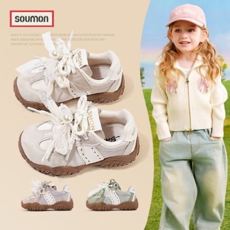 书萌儿童运动鞋2026春季新款女童蝴蝶结珍珠公主鞋轻便百搭阿甘鞋