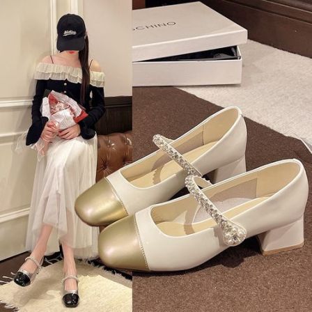 2026春季新款法式复古粗跟百搭浅口方头玛丽珍女小香风中跟单鞋