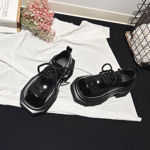 7CM增高~轻便厚底系带翘头德比鞋女真皮配堆堆袜小皮鞋深口乐福鞋主图