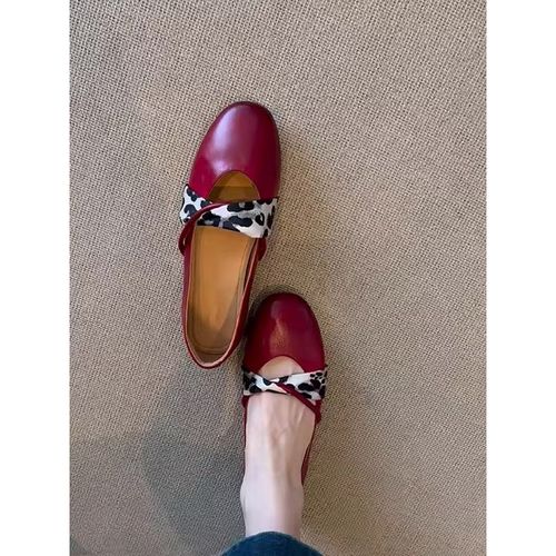 羊皮版~温柔风复古芭蕾舞鞋女新中式豹纹平底单鞋晚晚鞋玛丽珍鞋主图