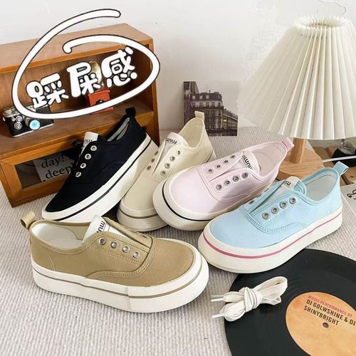 厚底松紧一脚蹬帆布鞋女2026新款透气休闲鞋增高小白鞋6514主图