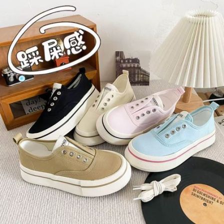 厚底松紧一脚蹬帆布鞋女2026新款透气休闲鞋增高小白鞋6514