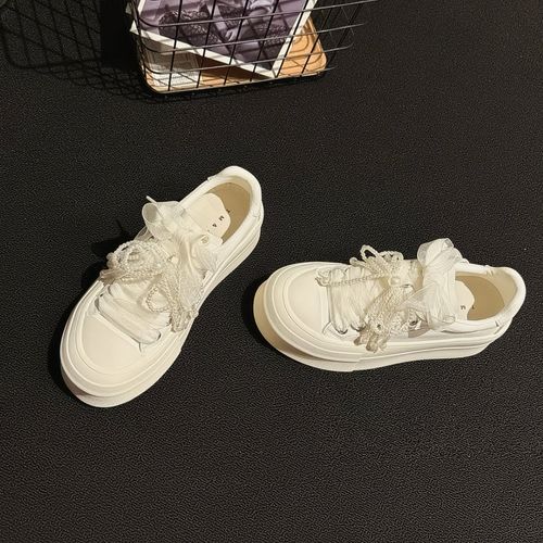 小香风~珍珠蝴蝶结厚底增高真皮小白鞋女2025秋新款休闲板鞋ins风主图