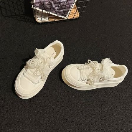小香风~珍珠蝴蝶结厚底增高真皮小白鞋女2025秋新款休闲板鞋ins风