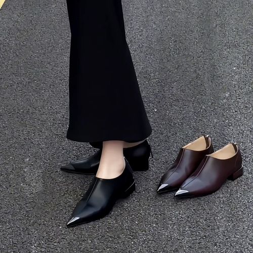 头层牛皮2026春季新款尖头深口低跟单鞋女粗跟通勤真皮防踢小皮鞋主图