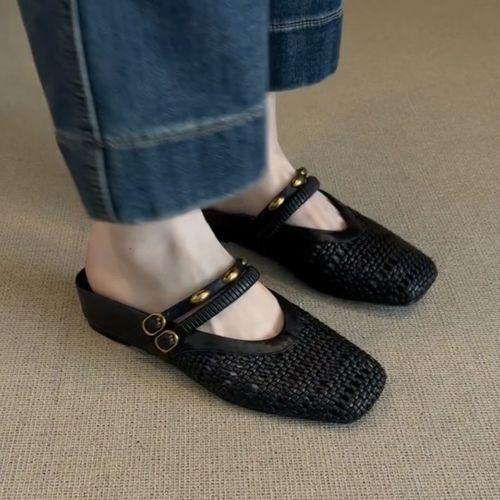 羊皮版~百搭黑色手工编织镂空透气包头凉鞋女金属方头半拖凉鞋主图
