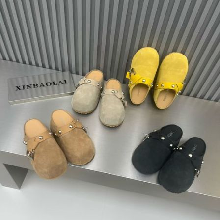 广州欧货【柠檬茶】早春真皮6cm勃肯圆头洋气轻奢包头拖9899-101