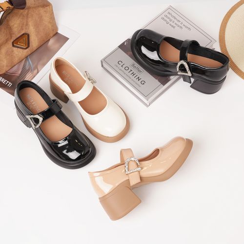 2026春季新款圆头粗跟玛丽珍鞋女水钻魔术贴一脚蹬百搭高跟单鞋主图