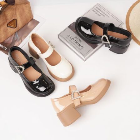 2026春季新款圆头粗跟玛丽珍鞋女水钻魔术贴一脚蹬百搭高跟单鞋