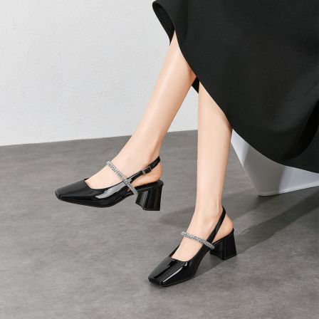 一字带百搭包头后空凉鞋女新款简约方头水钻玛丽珍鞋6C179