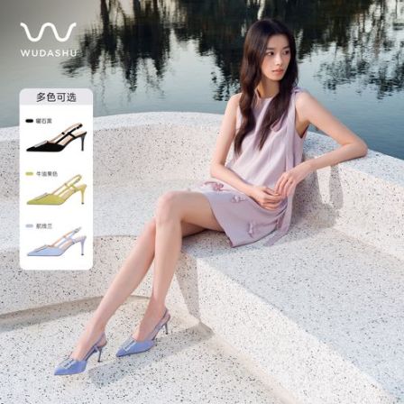 吴大叔春季新款水钻气垫缓震凉鞋黑色女一字带尖头浅口细跟高跟鞋