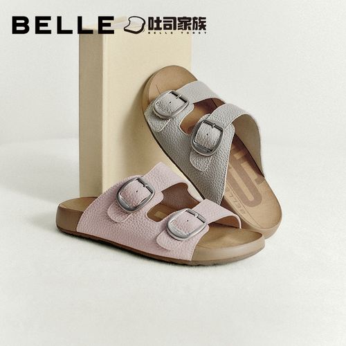 百丽粉彩风复古双饰扣勃肯鞋女2026夏新真皮薄底QQ吐司鞋B3045BT6主图